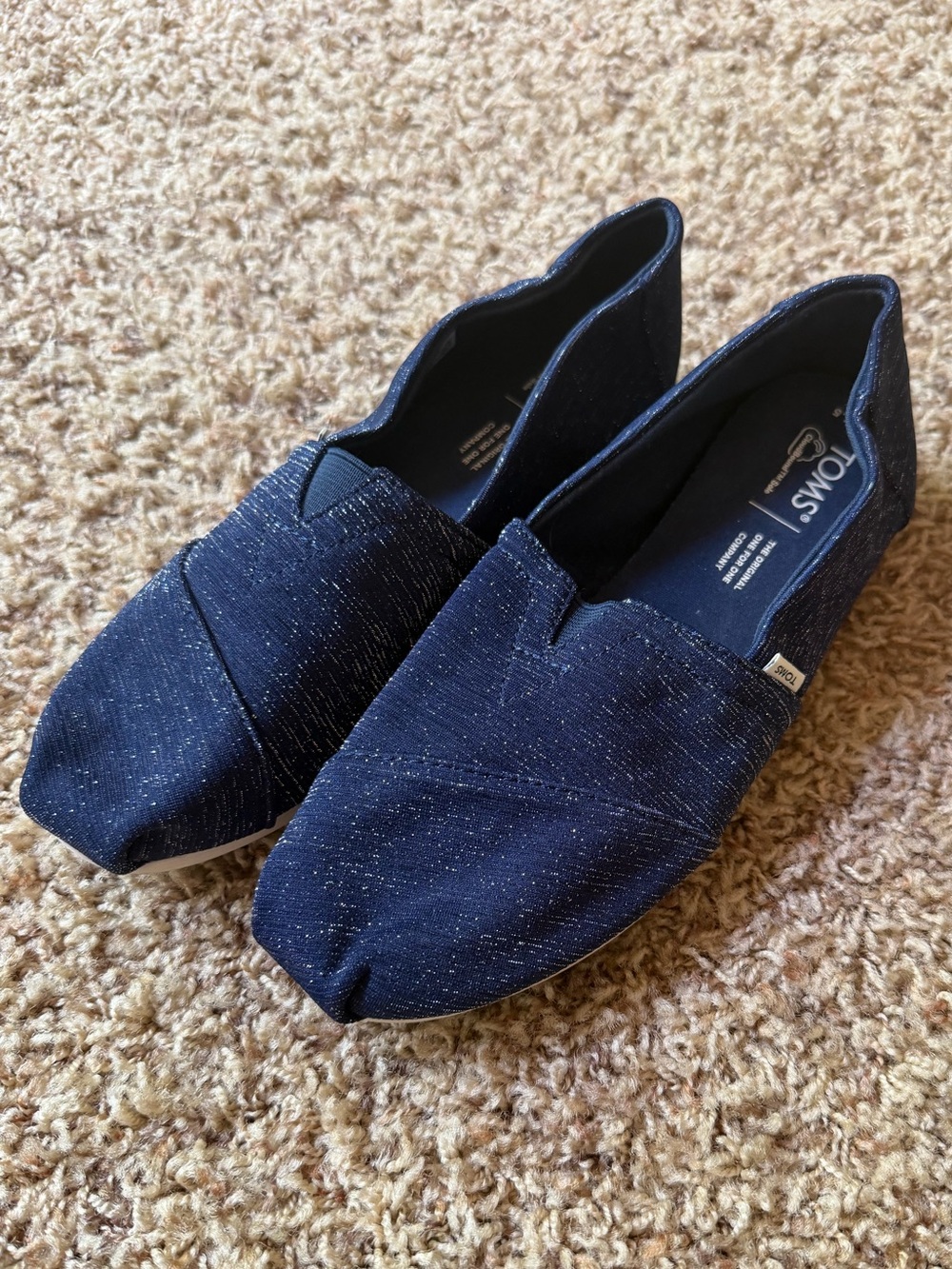 Toms 7.5 Navy Canvas Slip-On Flats with Metallic Speckle